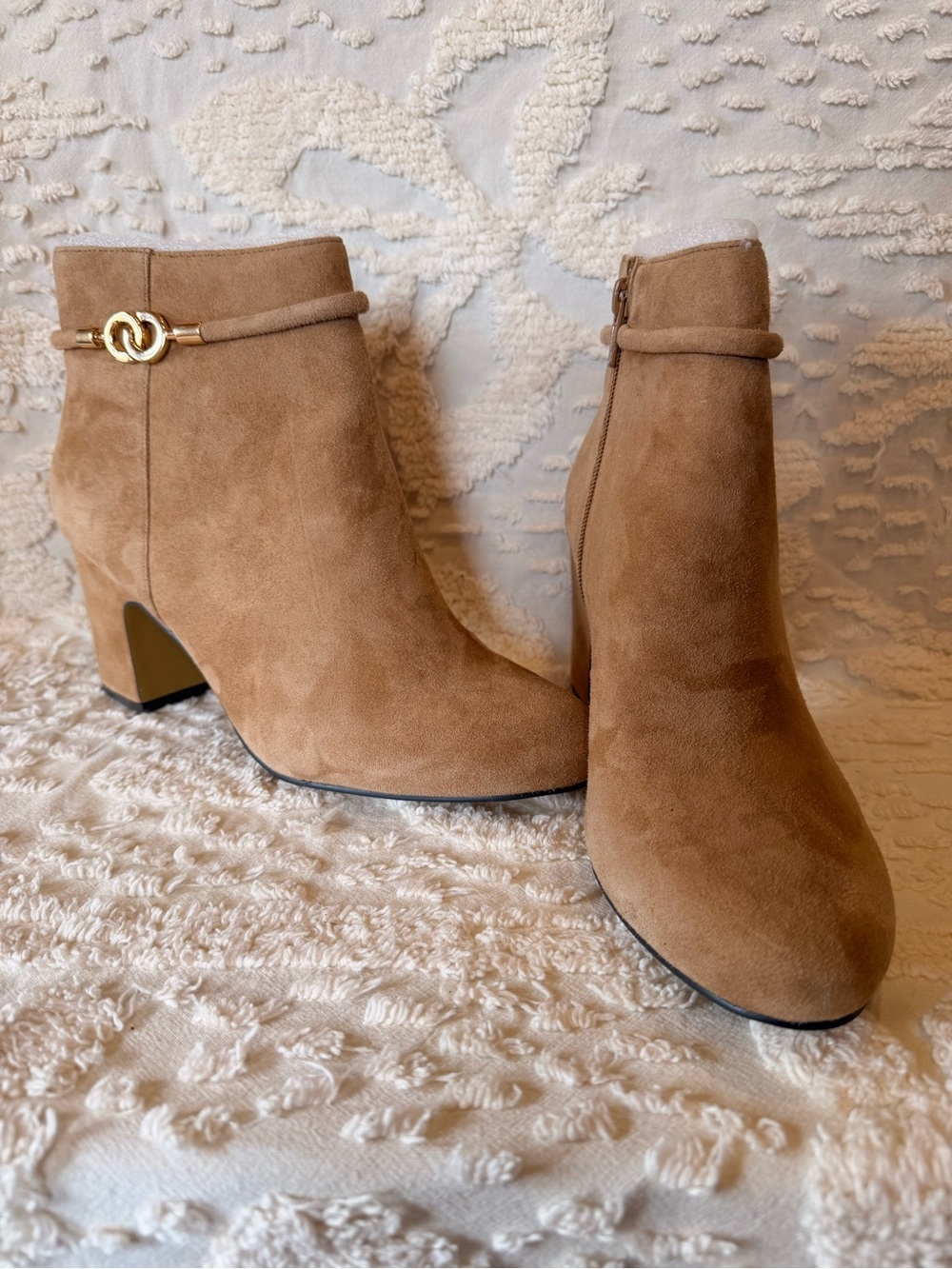 Bella Vita Tan Suede Block Heel Ankle Boots with Gold Accent 690 - Picture 2 of 8